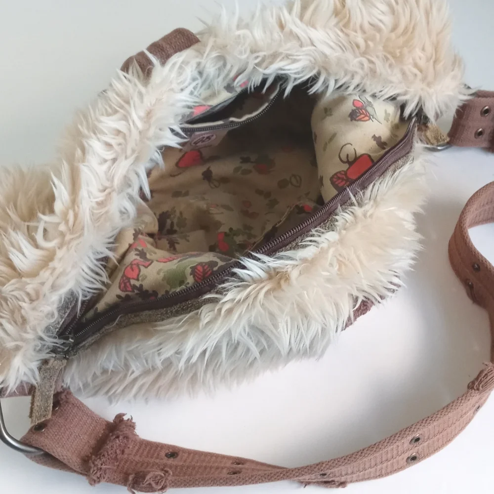 Vintage Faux Fur Burning Man Purse / Hobo Bag Thick Canvas Straps Brass Hardware
